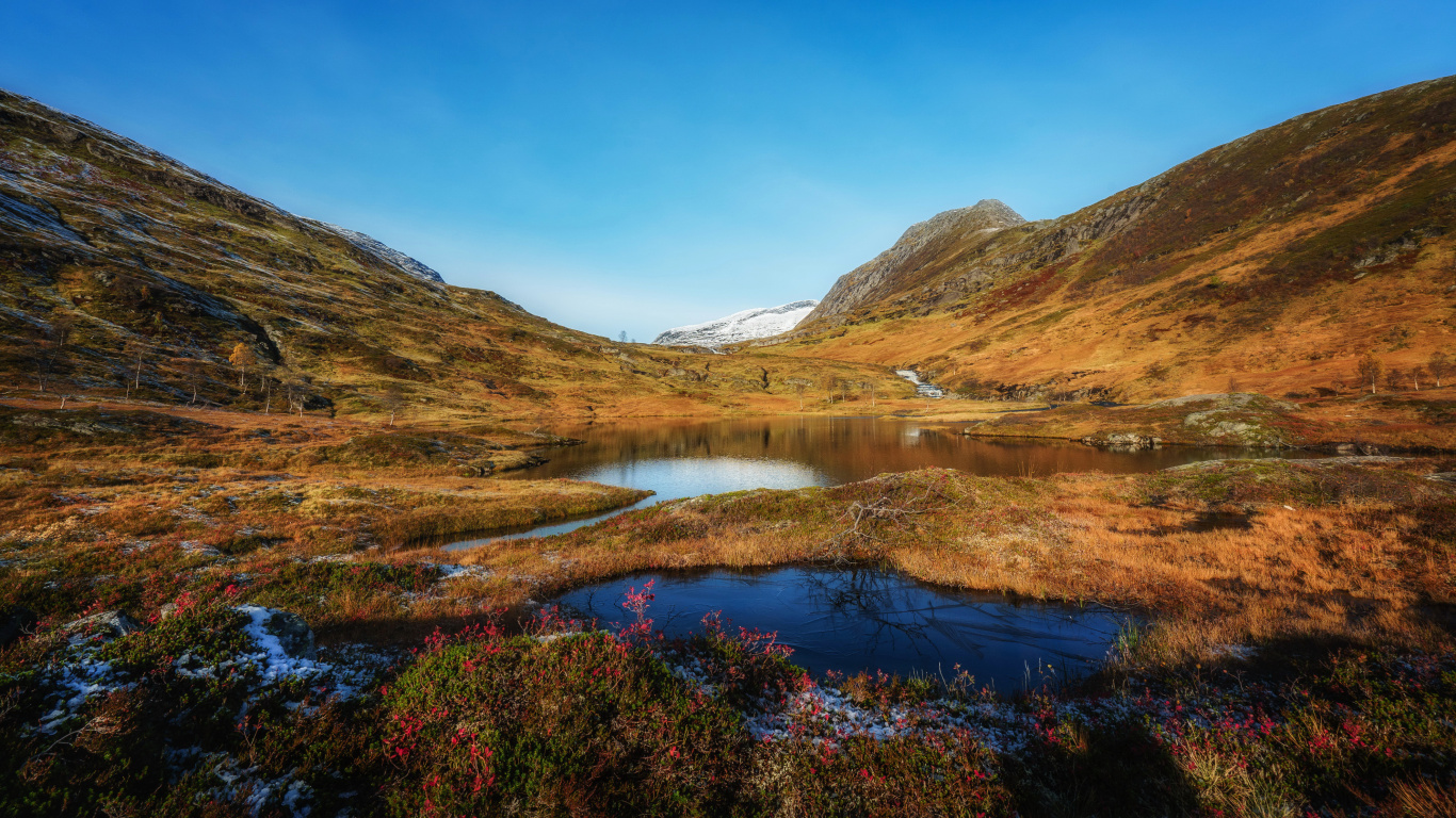 Brown Grass Field Near Lake Under Blue Sky During Daytime. Wallpaper in 1366x768 Resolution