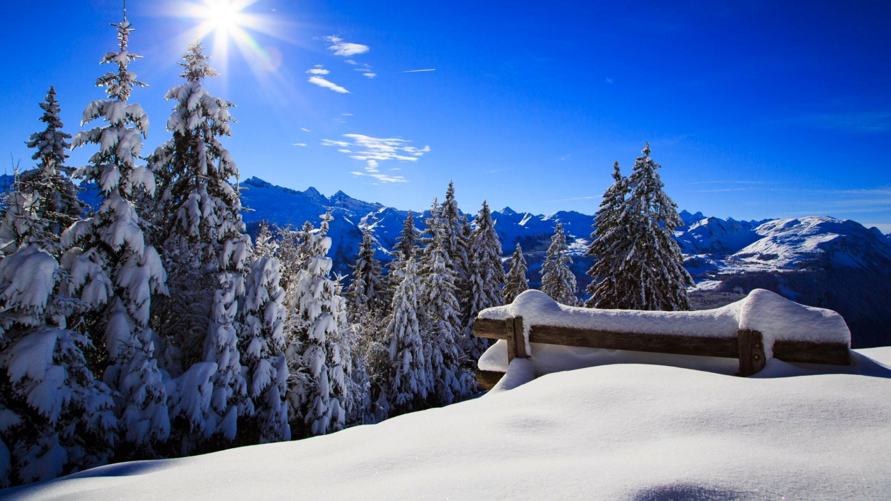 Snow Covered Trees and Mountains During Daytime. Wallpaper in 1280x720 Resolution