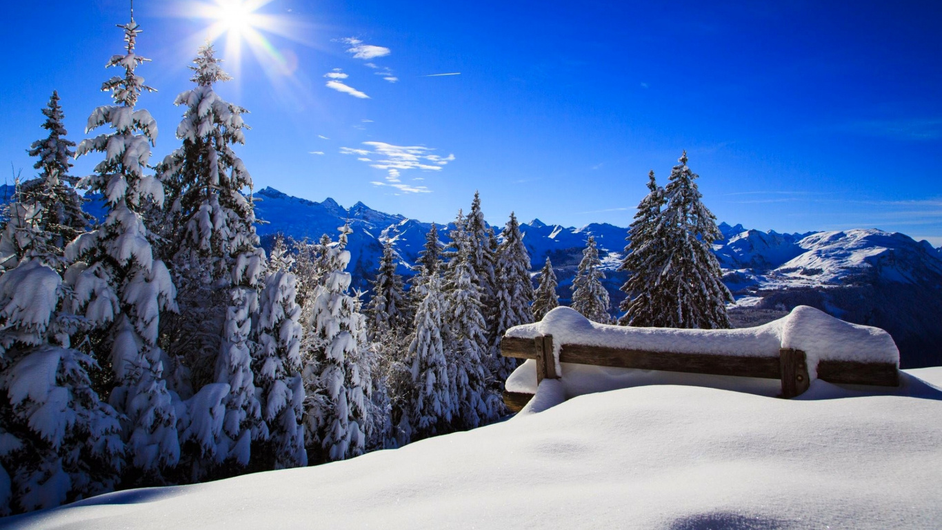 Snow Covered Trees and Mountains During Daytime. Wallpaper in 1366x768 Resolution
