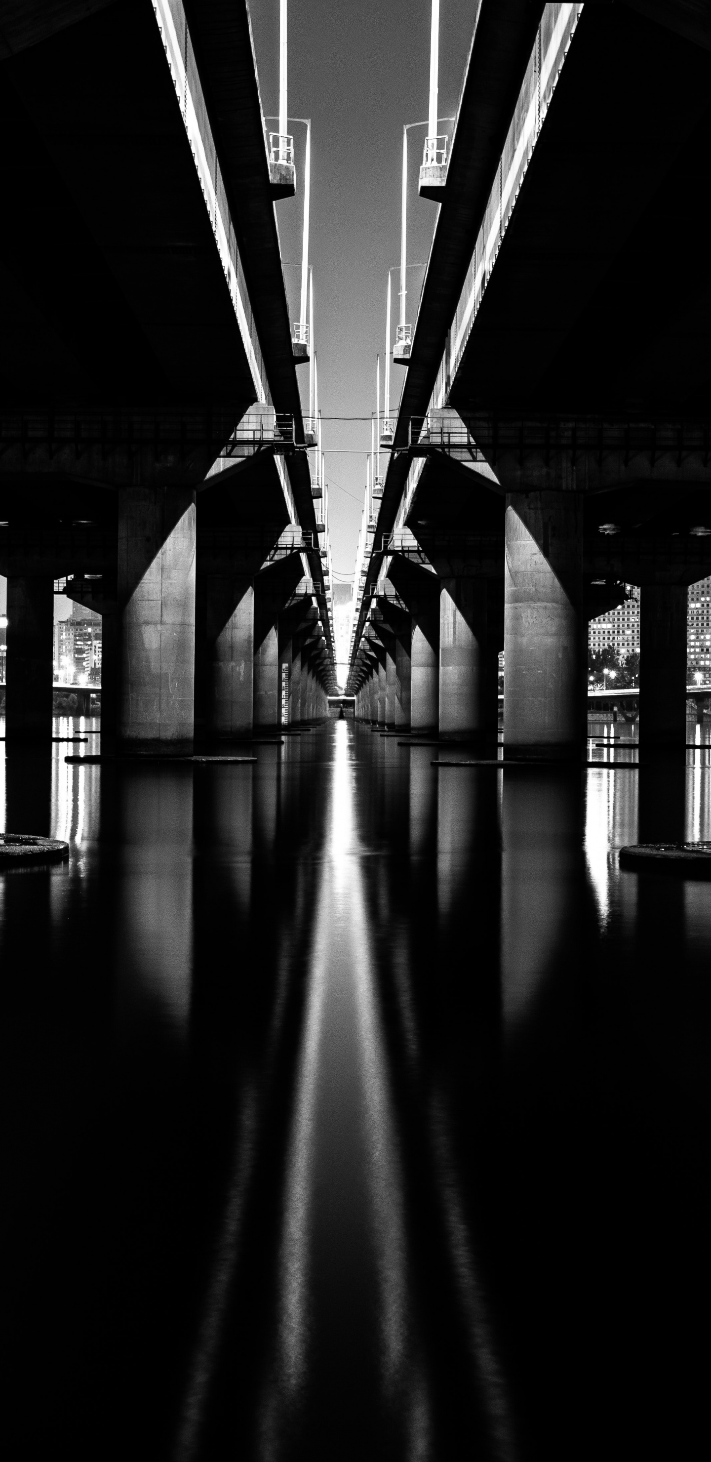 Foto en Escala de Grises Del Puente Sobre el Agua. Wallpaper in 1440x2960 Resolution