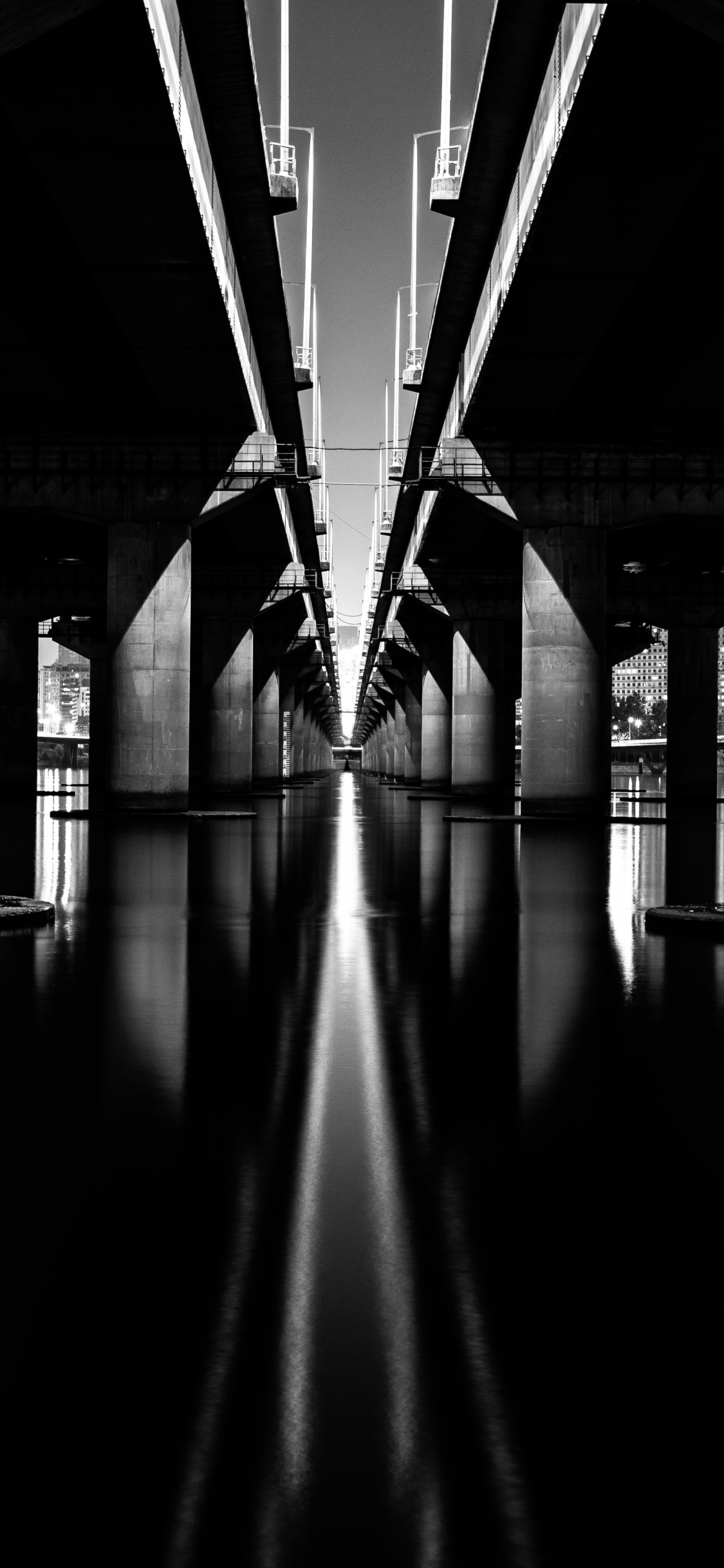 Grayscale Photo of Bridge Over Water. Wallpaper in 1125x2436 Resolution