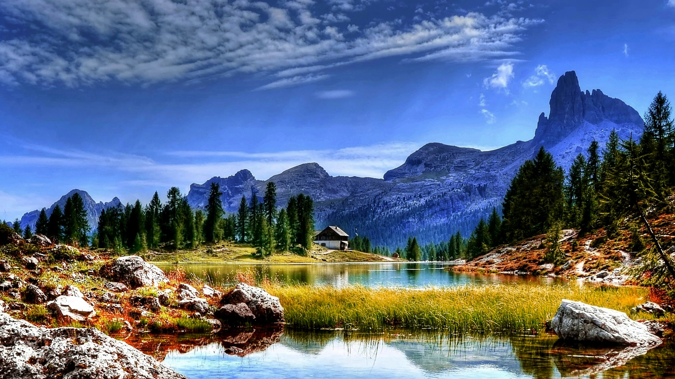 Green Trees Near Lake Under Blue Sky During Daytime. Wallpaper in 1366x768 Resolution