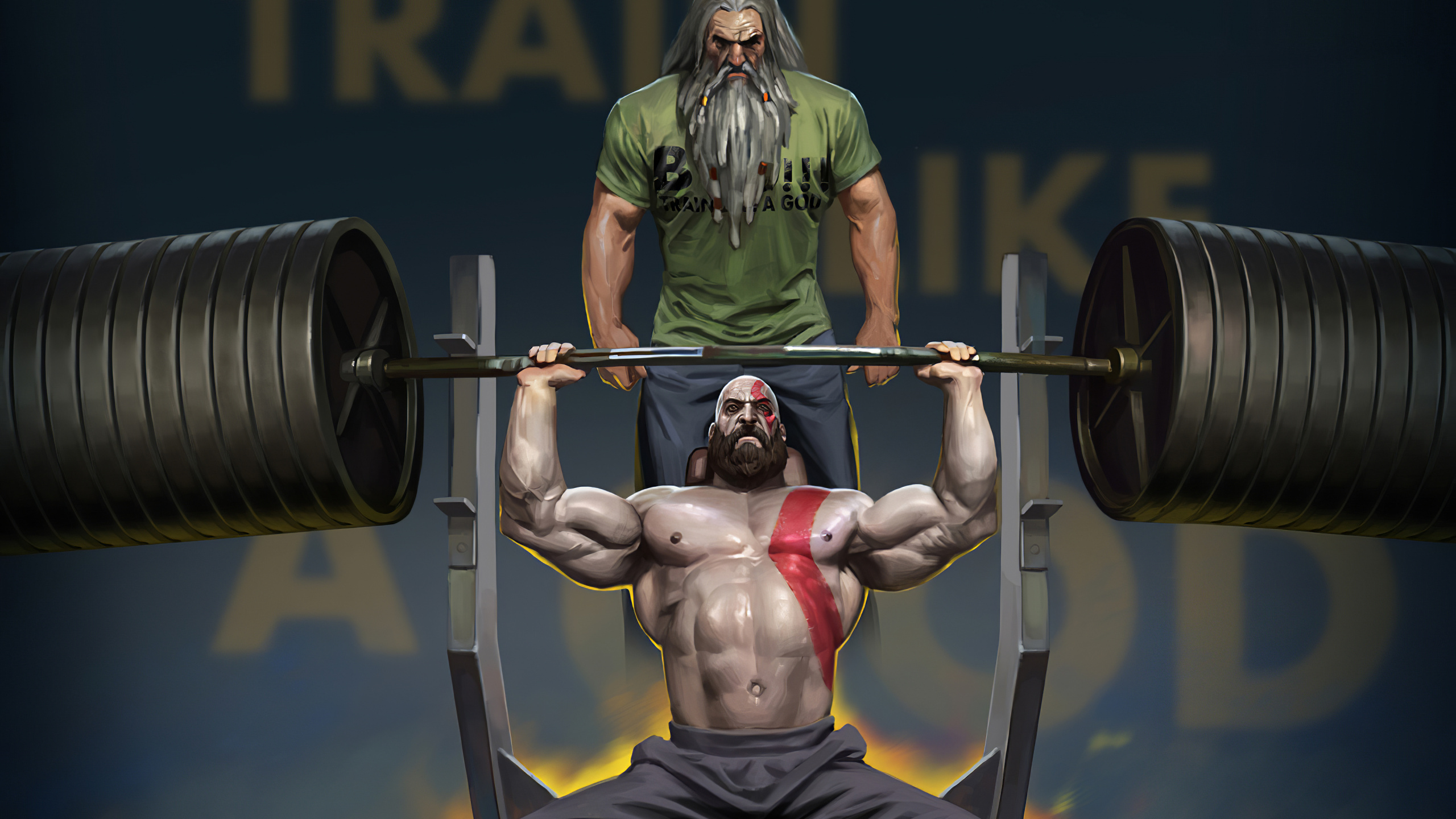 Kratos Training, God of War, Kratos, Weightlifter, Barbell. Wallpaper in 2560x1440 Resolution