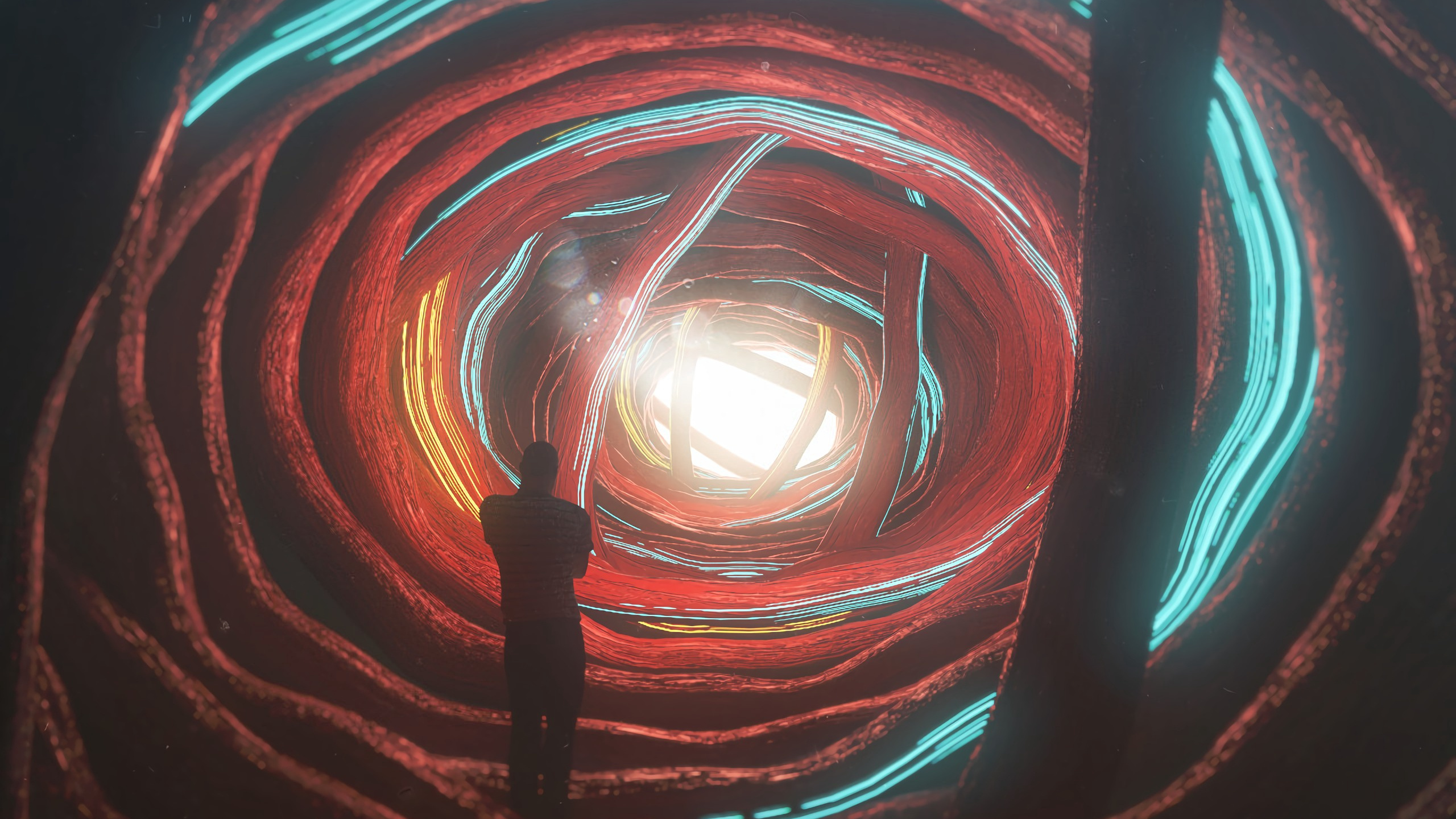 Man Standing on Blue and Black Tunnel. Wallpaper in 2560x1440 Resolution