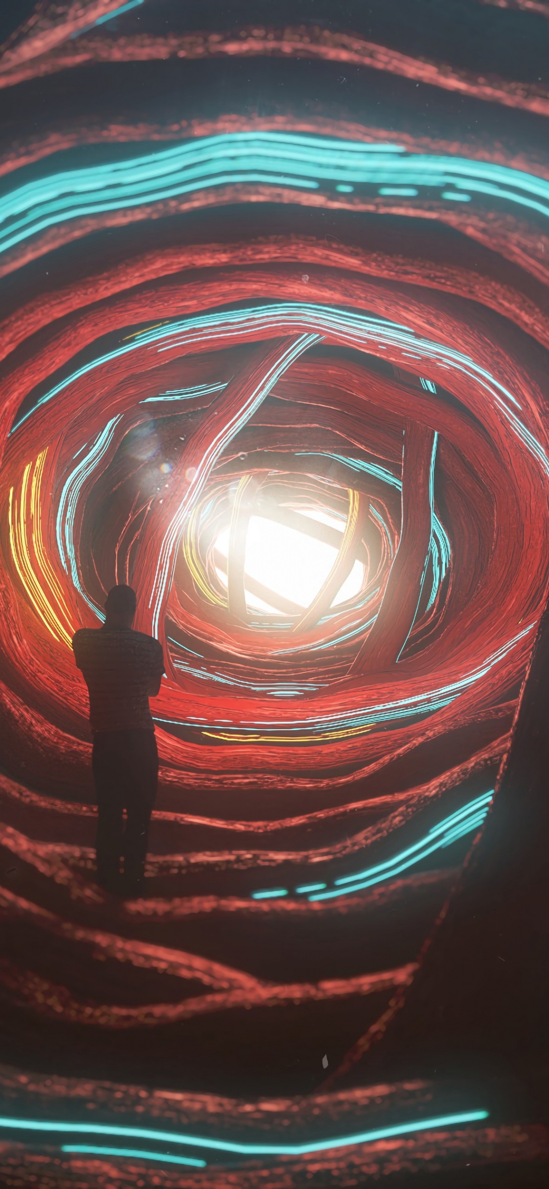 Homme Debout Sur le Tunnel Bleu et Noir. Wallpaper in 1125x2436 Resolution