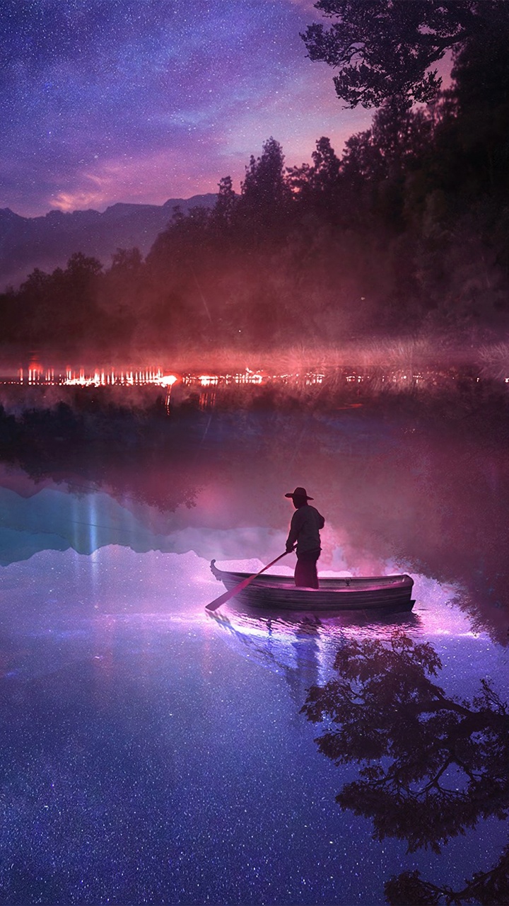 Personne en Bateau Sur le Lac Pendant la Nuit. Wallpaper in 720x1280 Resolution