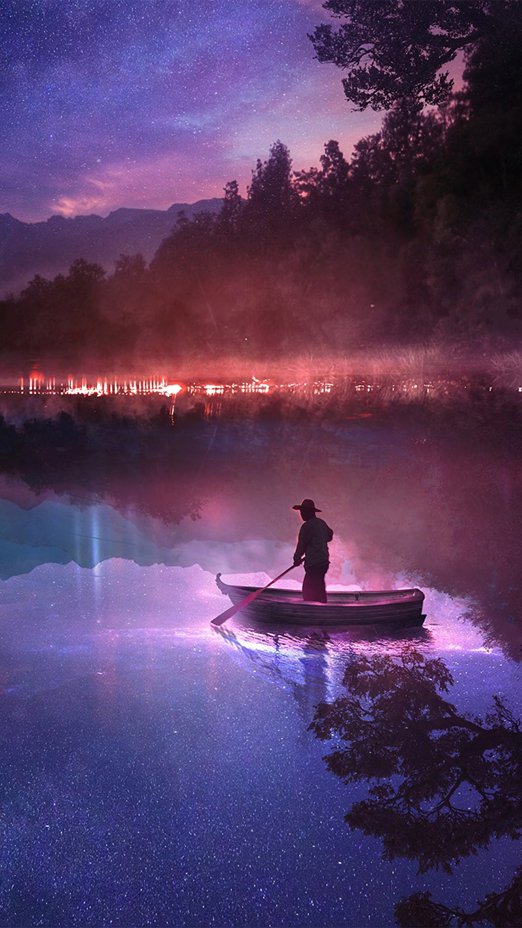 Persona en Bote en el Lago Durante la Noche. Wallpaper in 750x1334 Resolution
