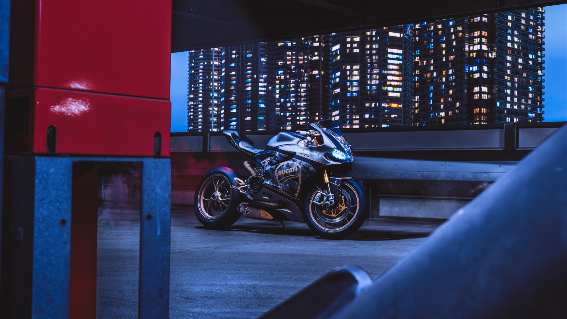 Black and Silver Motorcycle Parked Beside Red Wall. Wallpaper in 1920x1080 Resolution