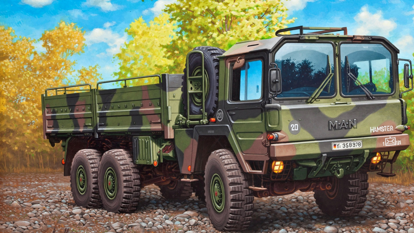 Camion Militaire de Camouflage Vert et Marron Sur Sol Brun Pendant la Journée. Wallpaper in 1366x768 Resolution