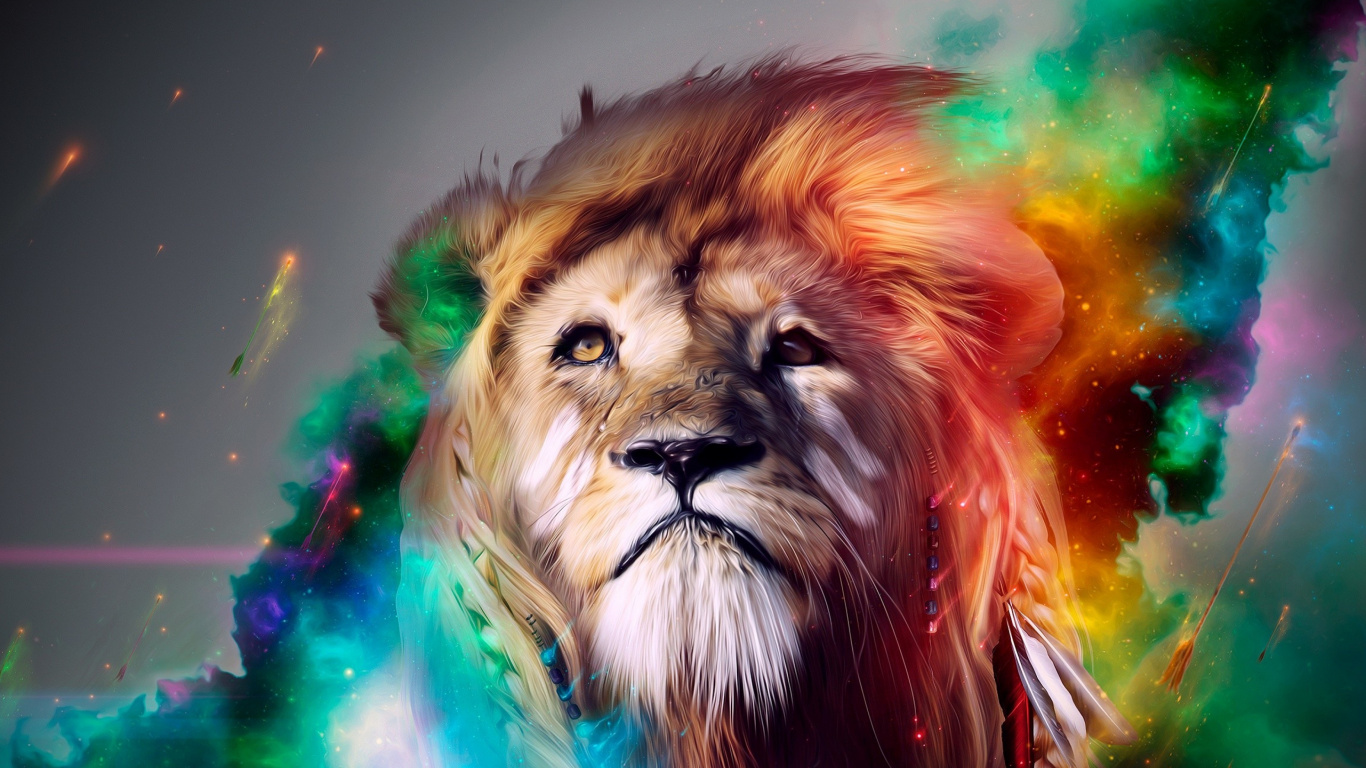Lion With Green and Purple Lights. Wallpaper in 1366x768 Resolution