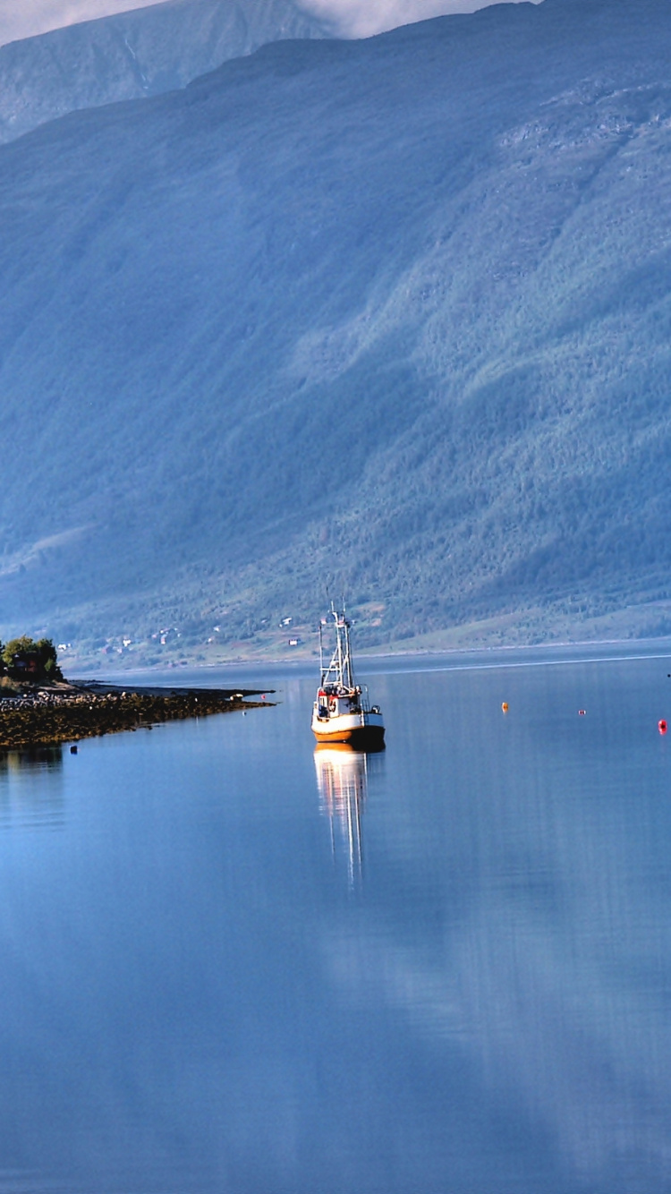 White and Brown Boat on Water Near Green Mountain During Daytime. Wallpaper in 750x1334 Resolution