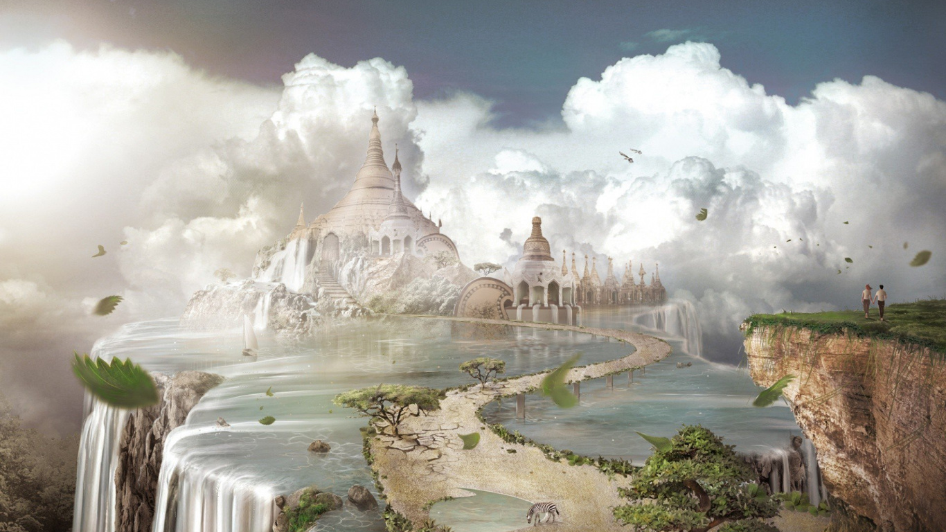 White Concrete Building Near Water Falls Under Blue Sky During Daytime. Wallpaper in 1366x768 Resolution