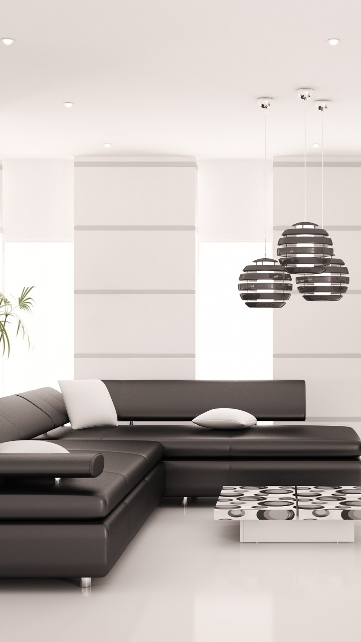 Schwarze Ledercouch Neben Weißem Holztisch. Wallpaper in 720x1280 Resolution