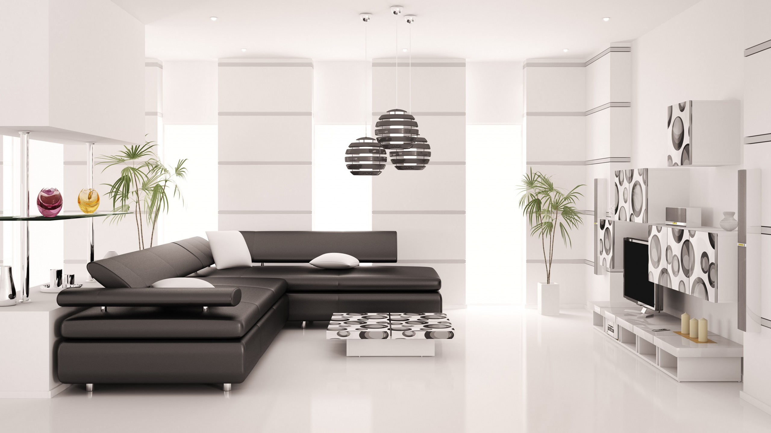 Black Leather Couch Beside White Wooden Table. Wallpaper in 2560x1440 Resolution