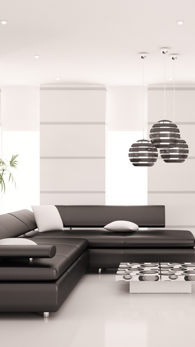 Black Leather Couch Beside White Wooden Table. Wallpaper in 750x1334 Resolution