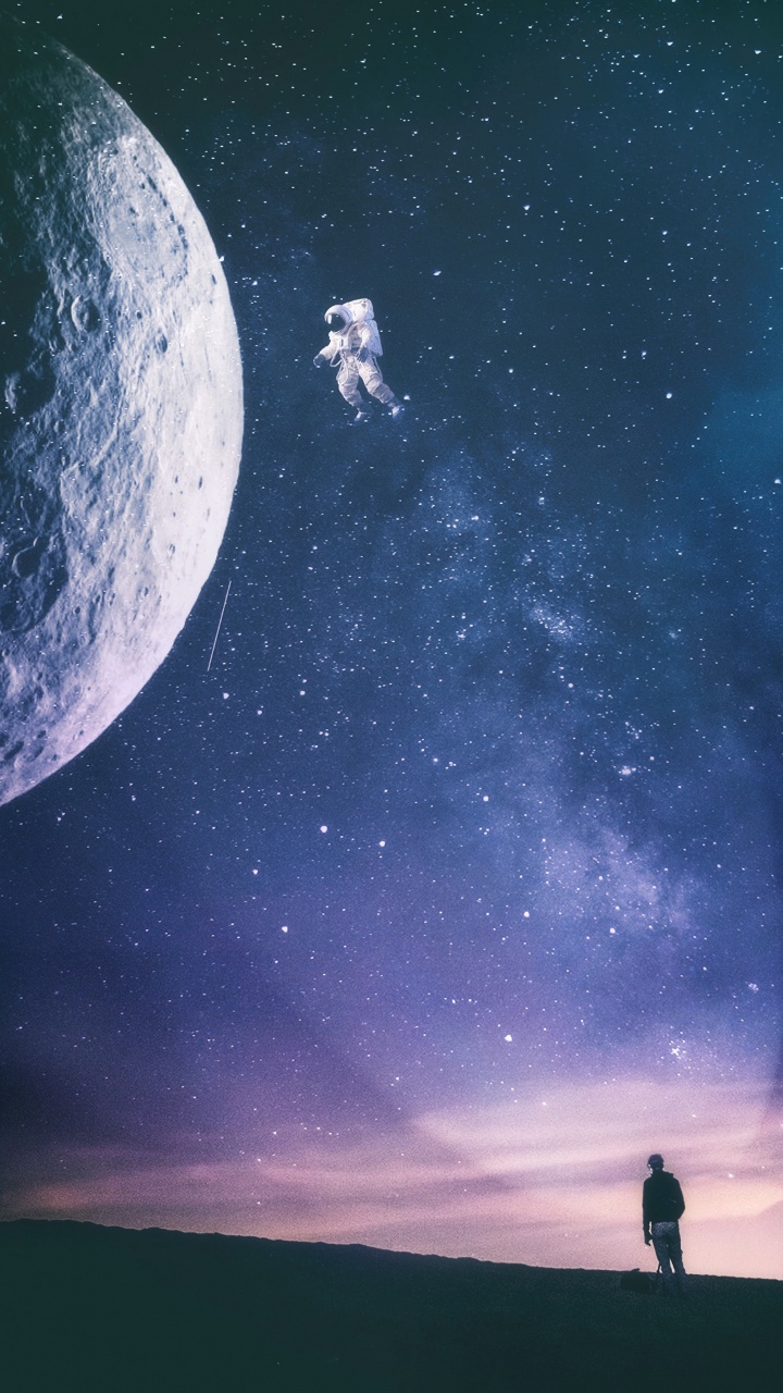 Silueta de 2 Personas de Pie Bajo la Luna. Wallpaper in 720x1280 Resolution