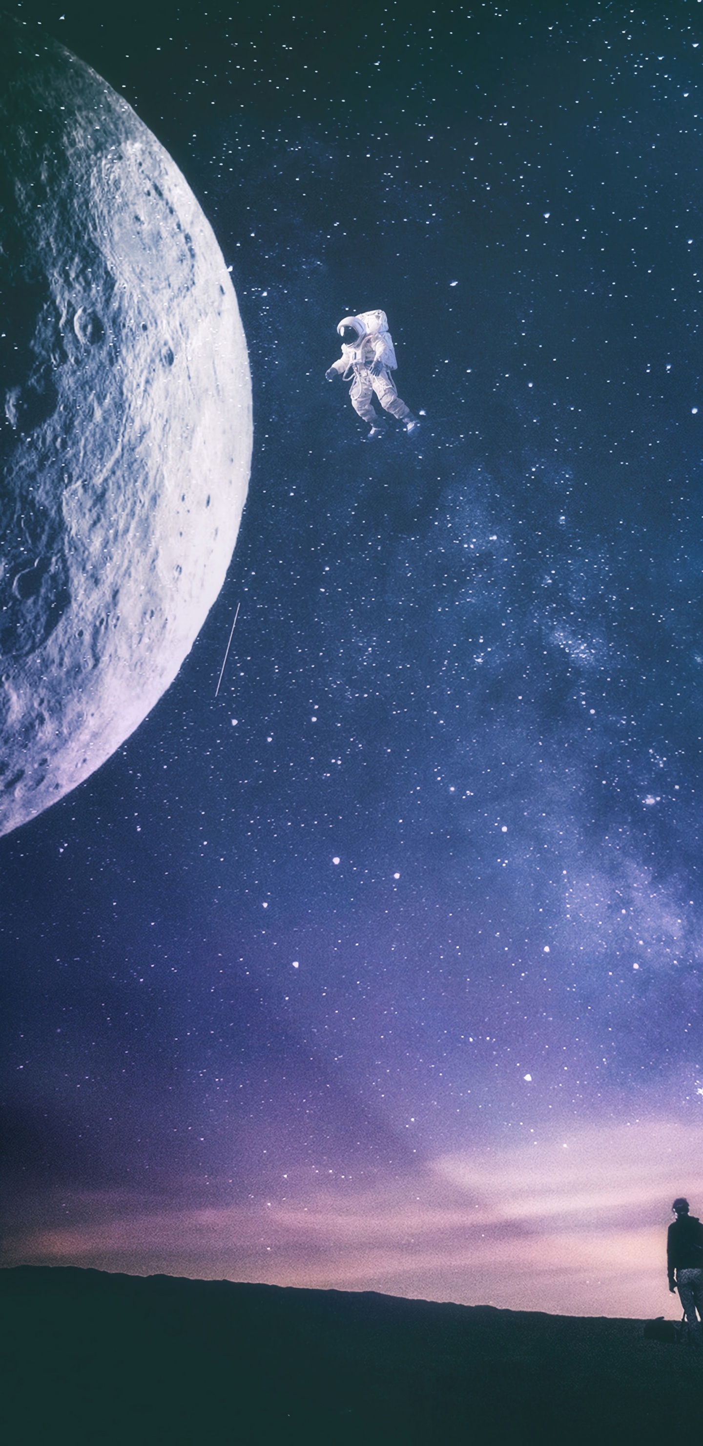 Silhouette Von 2 Personen, Die Unter Mond Stehen. Wallpaper in 1440x2960 Resolution