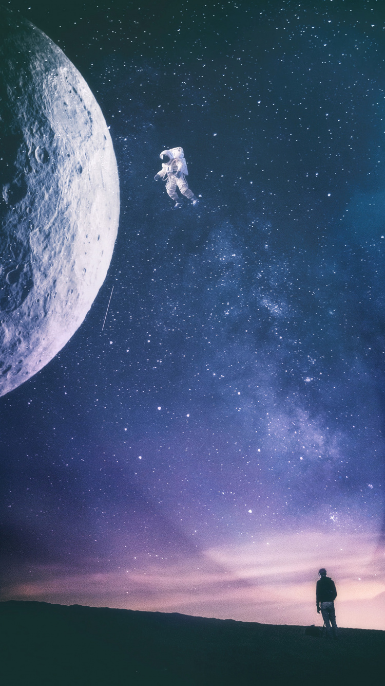 Silhouette de 2 Personnes Debout Sous la Lune. Wallpaper in 750x1334 Resolution