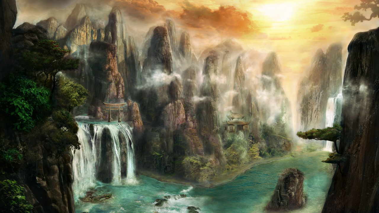 Cascadas Cerca de Árboles Verdes Bajo el Cielo Nublado Durante el Día. Wallpaper in 1280x720 Resolution