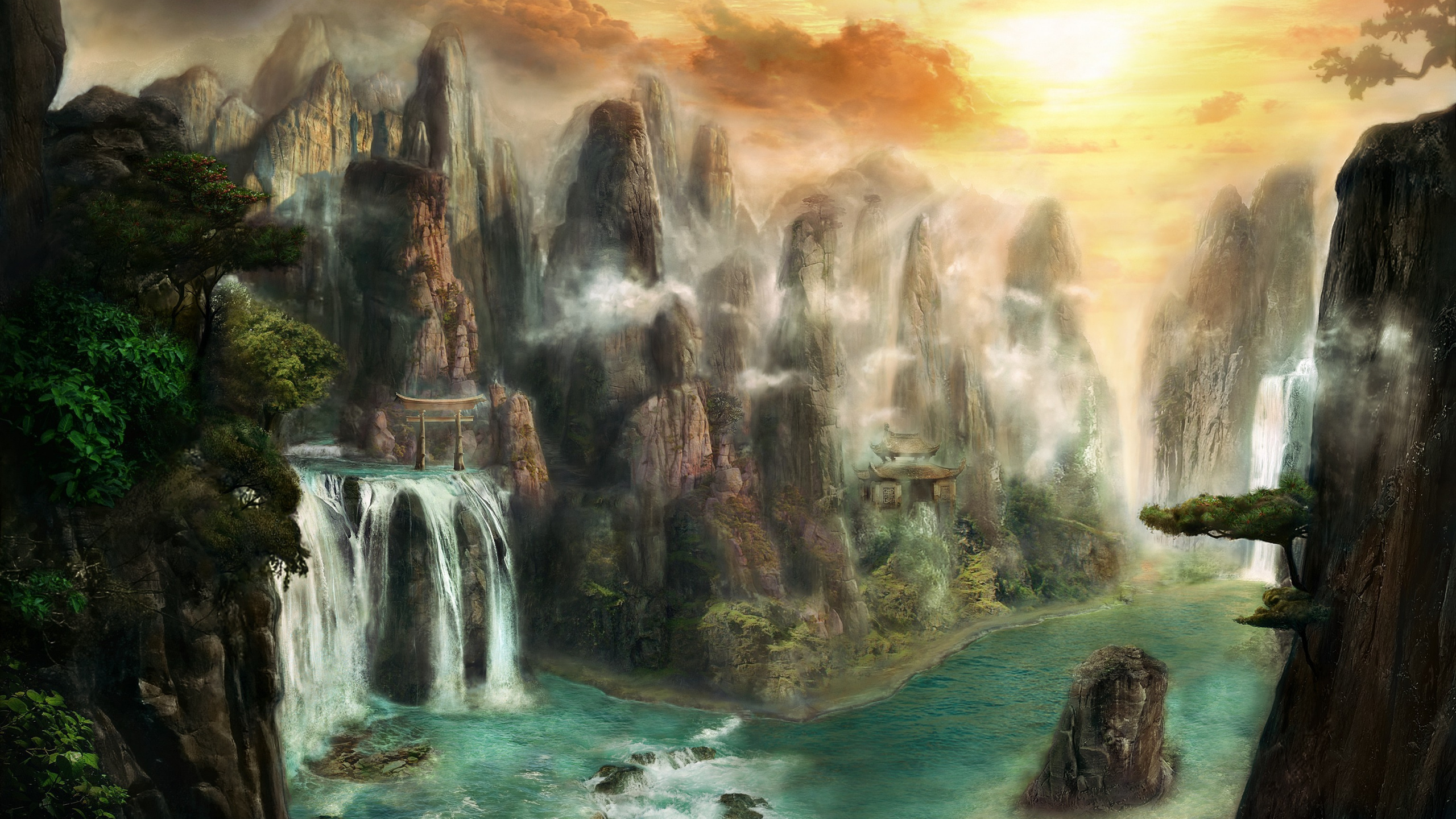 Cascadas Cerca de Árboles Verdes Bajo el Cielo Nublado Durante el Día. Wallpaper in 2560x1440 Resolution