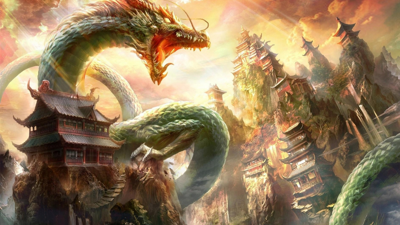 龙, 神秘的生物, 电脑游戏, 虚构的人物, 天空 壁纸 1366x768 允许