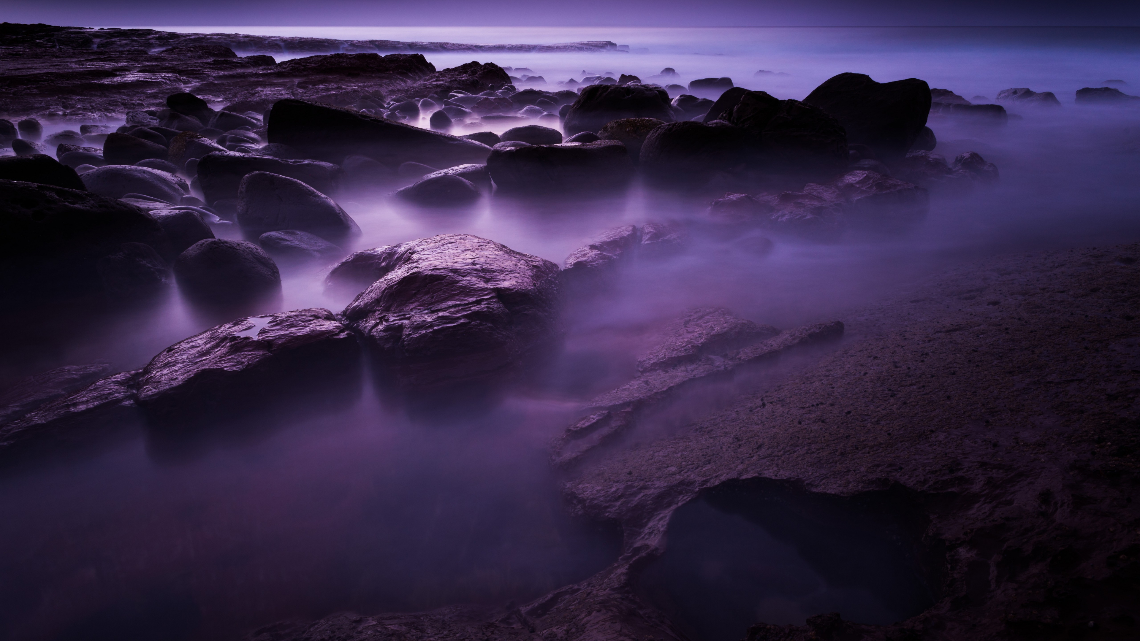 大海, 紫色的, 黎明, 冷静, 卵石 壁纸 3840x2160 允许