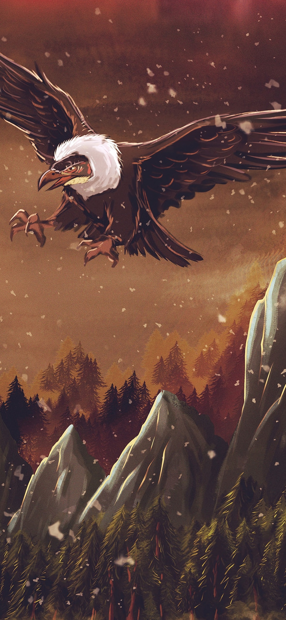 Pájaro Blanco y Marrón Volando Sobre la Planta Verde. Wallpaper in 1125x2436 Resolution