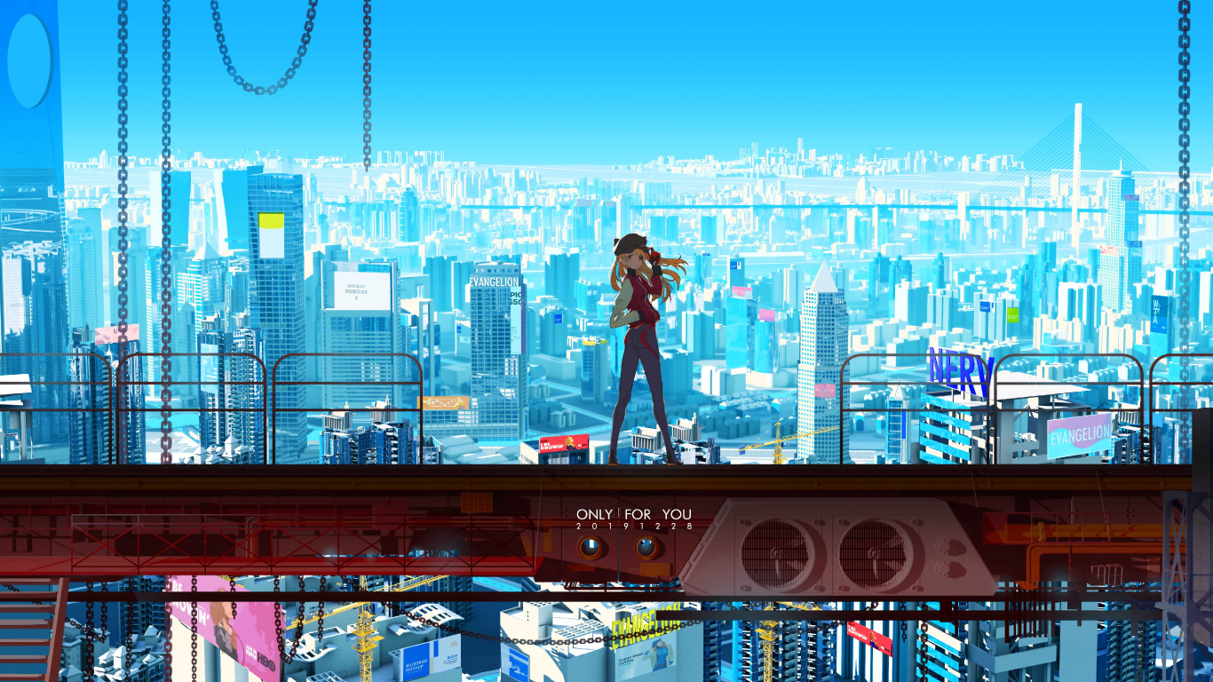 Asuka Langley Soryu, L'anime, Kaworu Nagisa, Bâtiment, Gratte-ciel. Wallpaper in 1366x768 Resolution