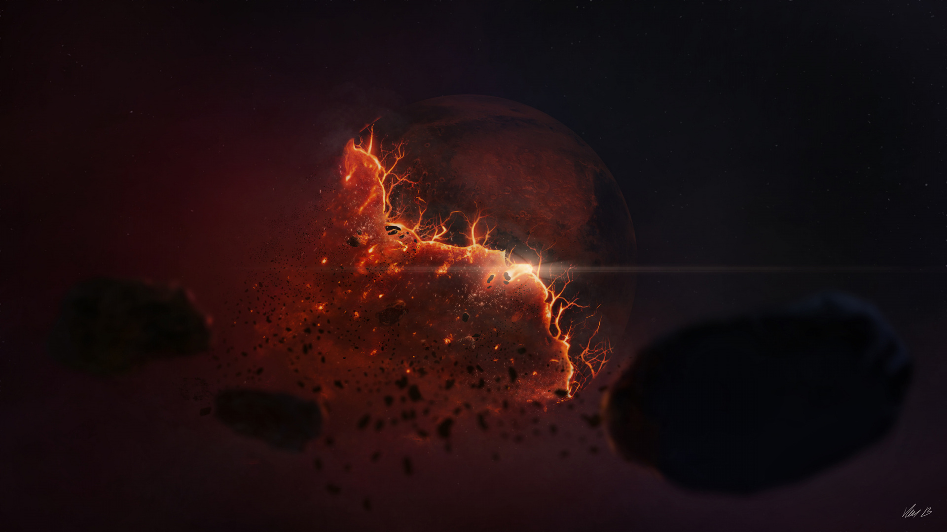 Orange and Black Planet With Stars. Wallpaper in 1920x1080 Resolution