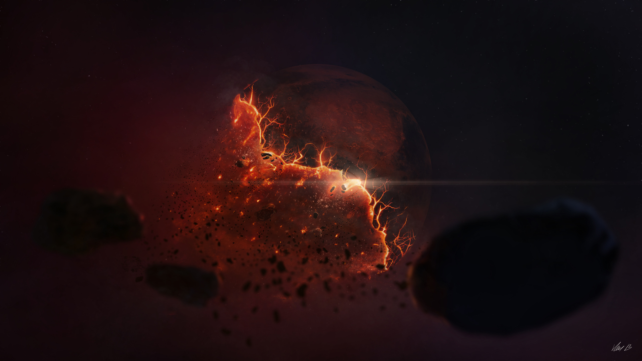 Orange and Black Planet With Stars. Wallpaper in 2560x1440 Resolution