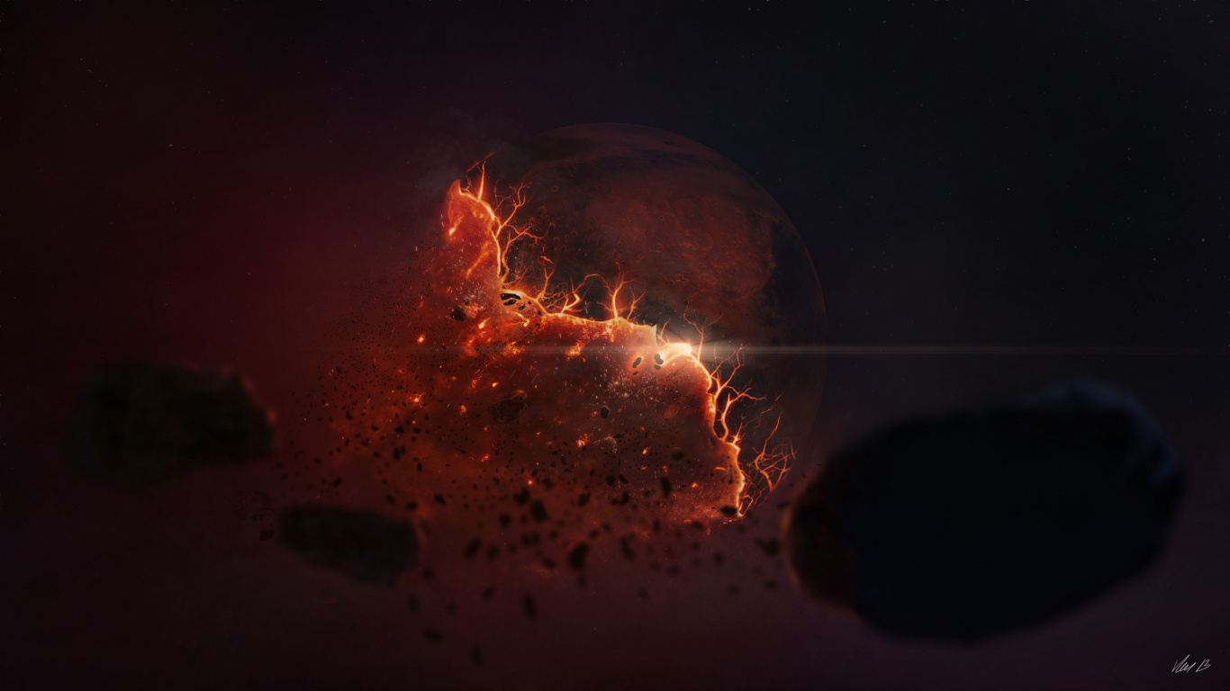 Oranger Und Schwarzer Planet Mit Sternen. Wallpaper in 1366x768 Resolution