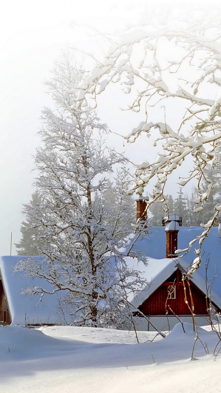 Braunes Haus Auf Schneebedecktem Boden. Wallpaper in 720x1280 Resolution