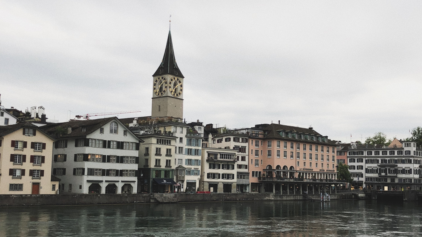 Zürich, Fraumnster Kirche, Gewässer, Winter, Brücke. Wallpaper in 1366x768 Resolution