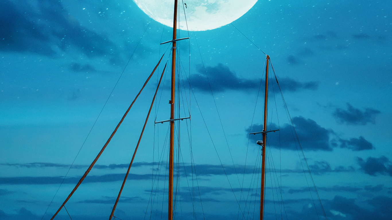 性质, 月亮, 光, Azure, 船只 壁纸 1366x768 允许