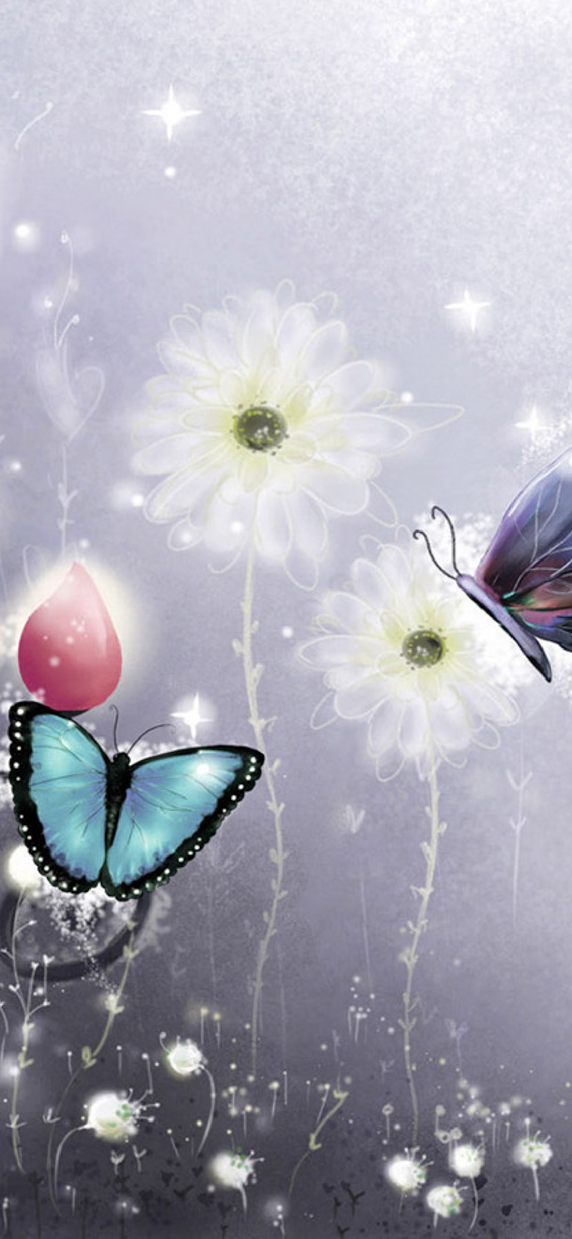 Weiße Und Violette Blume Mit Schmetterling Oben. Wallpaper in 1125x2436 Resolution