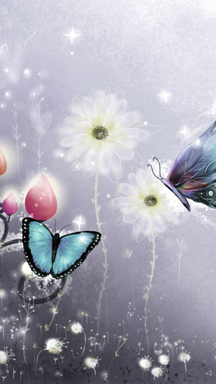 Weiße Und Violette Blume Mit Schmetterling Oben. Wallpaper in 720x1280 Resolution