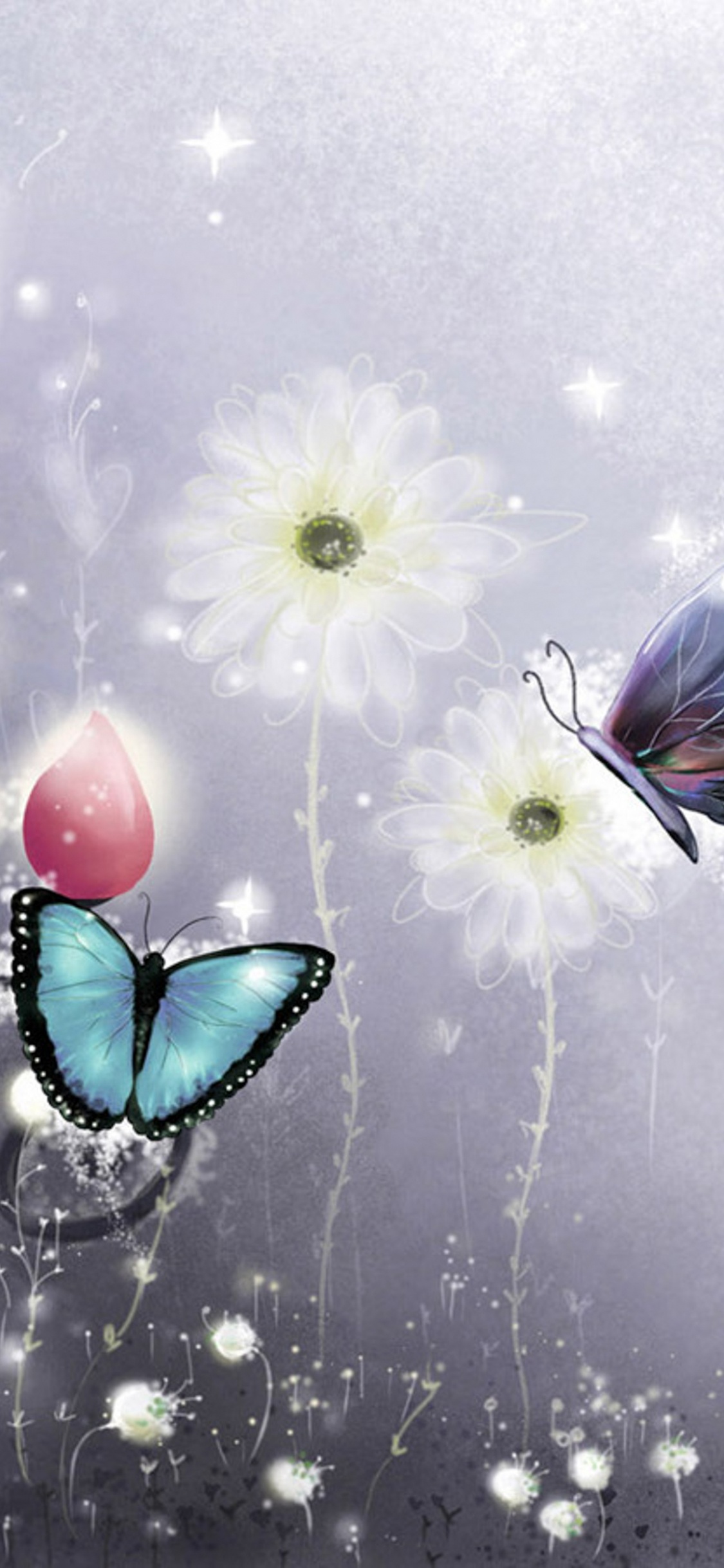 Fleur Blanche et Violette Avec Papillon Sur le Dessus. Wallpaper in 1125x2436 Resolution