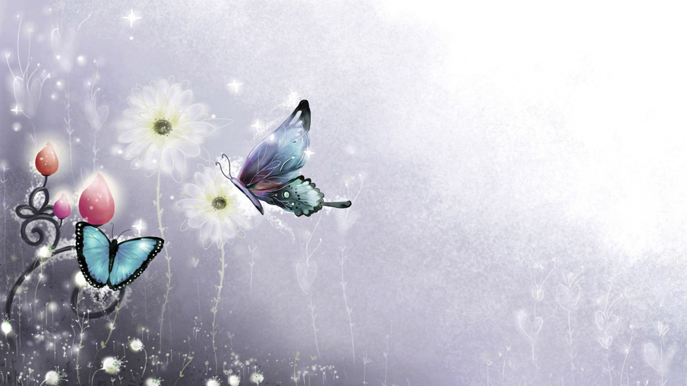 Fleur Blanche et Violette Avec Papillon Sur le Dessus. Wallpaper in 1366x768 Resolution