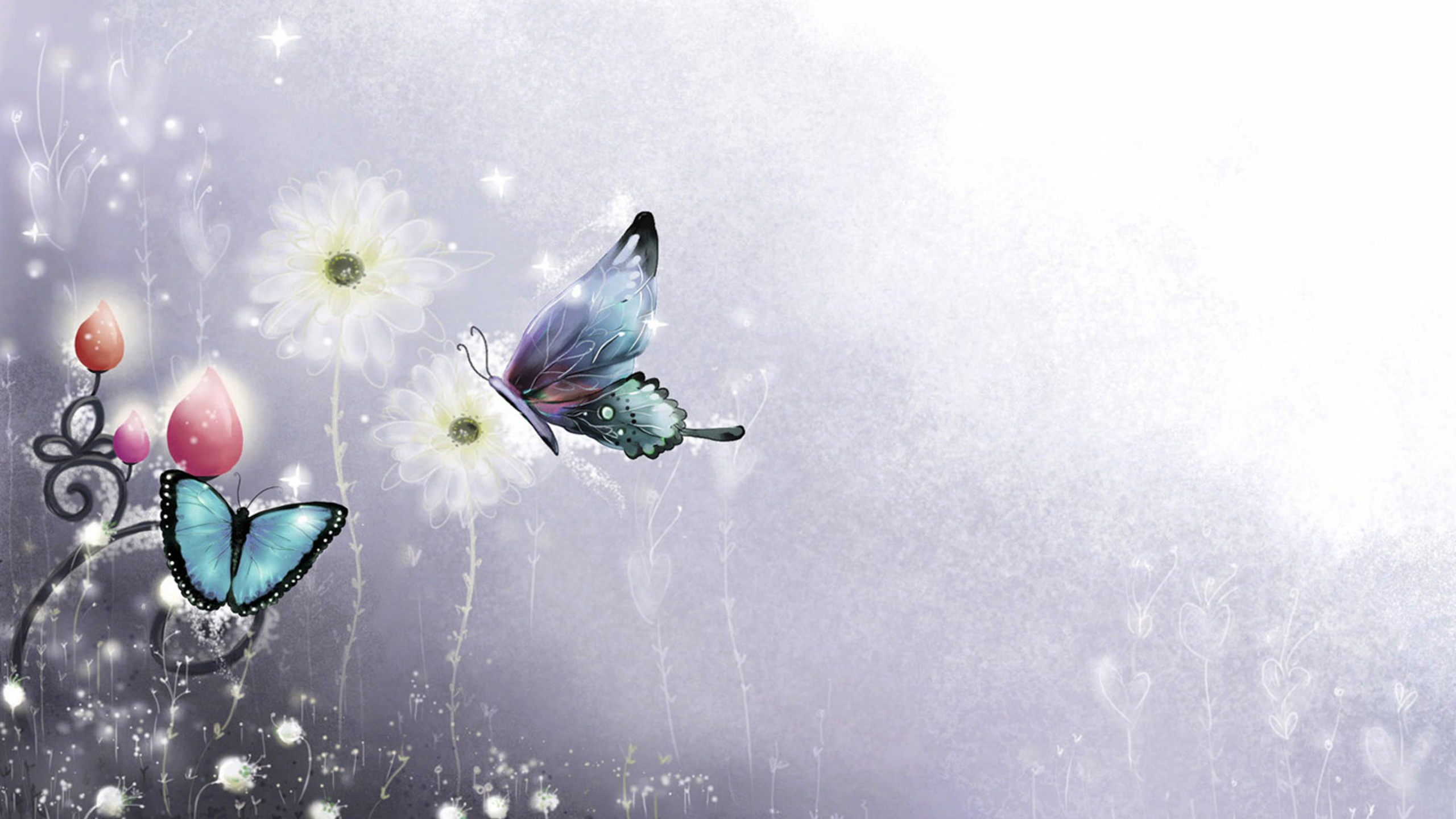 Fleur Blanche et Violette Avec Papillon Sur le Dessus. Wallpaper in 2560x1440 Resolution