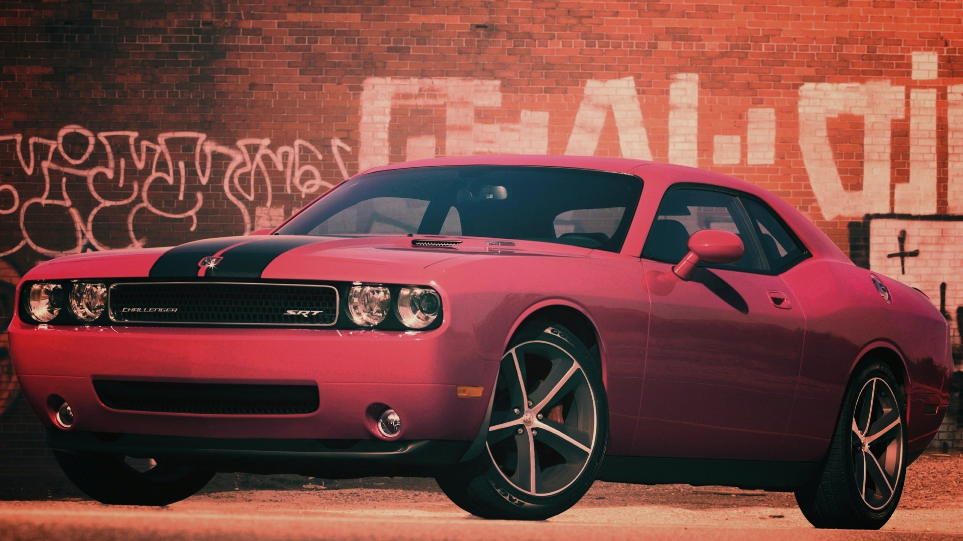 Red Mercedes Benz Coupe Parked Beside Brown Brick Wall. Wallpaper in 1920x1080 Resolution