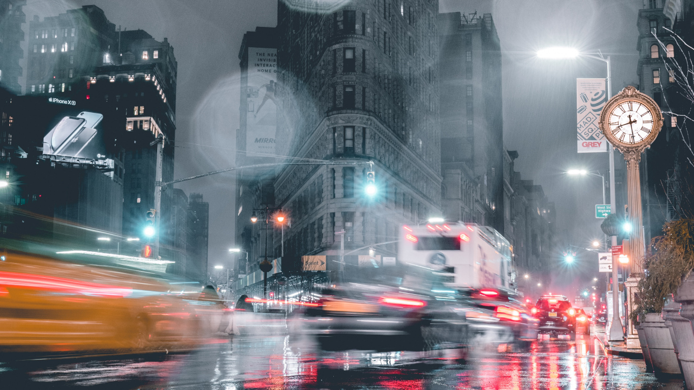 Cars on Road Near High Rise Buildings During Night Time. Wallpaper in 1366x768 Resolution