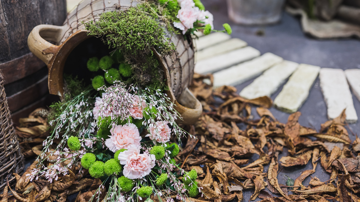 Pink and White Flowers on Brown Wooden Round Pot. Wallpaper in 1366x768 Resolution