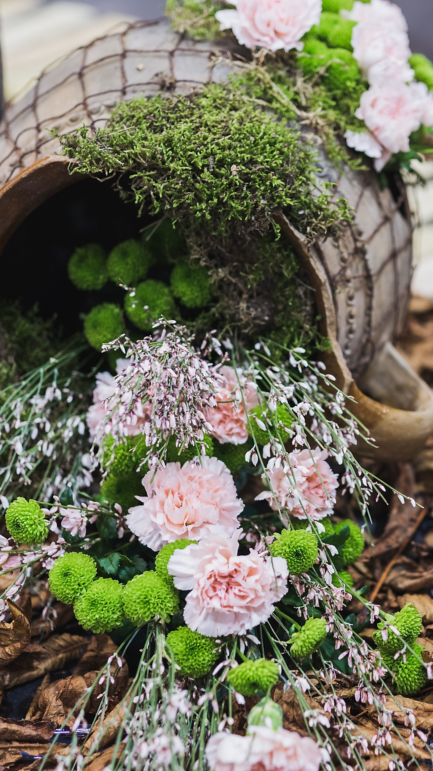 Pink and White Flowers on Brown Wooden Round Pot. Wallpaper in 1440x2560 Resolution