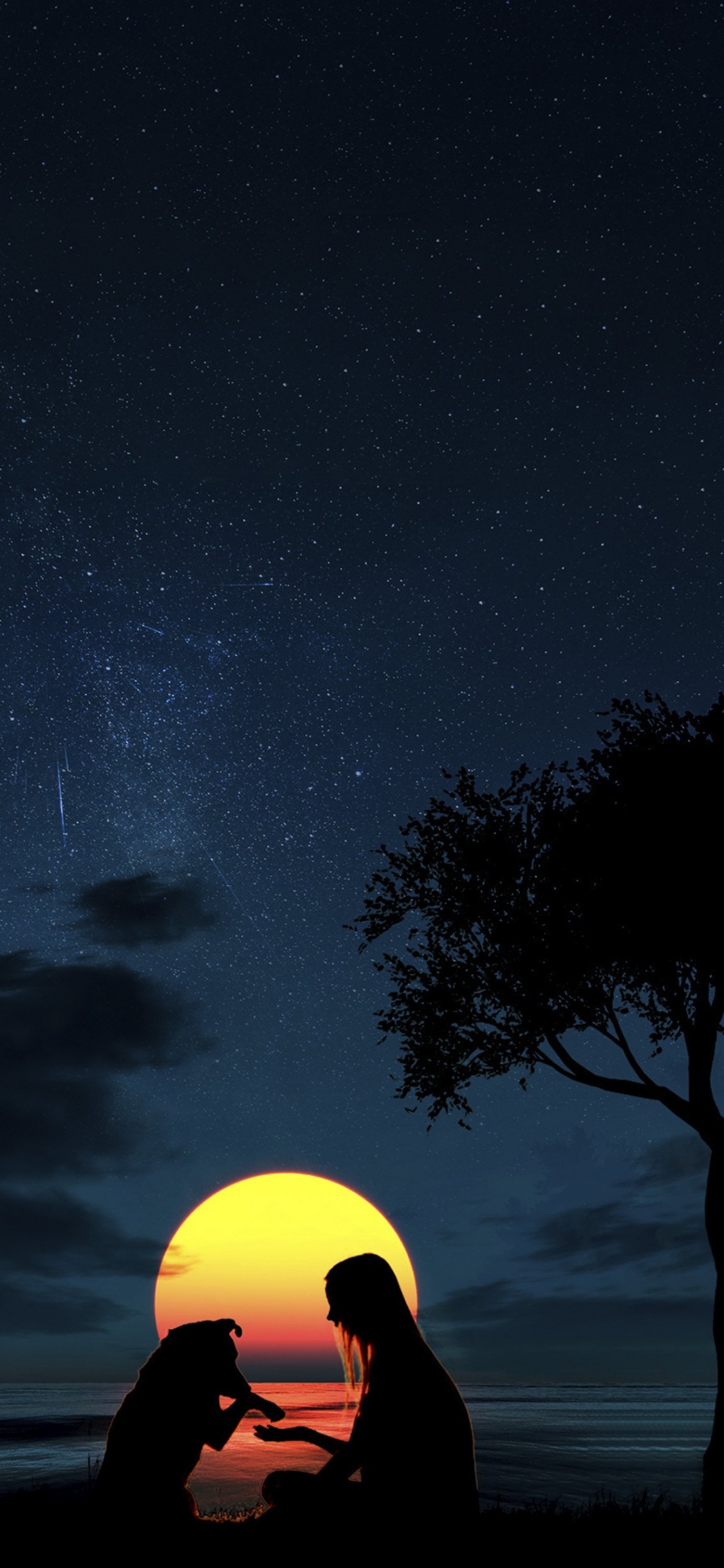 Luna Silueta Niña y Perro, Gran Danés, Ambiente, Luz, Naturaleza. Wallpaper in 1125x2436 Resolution