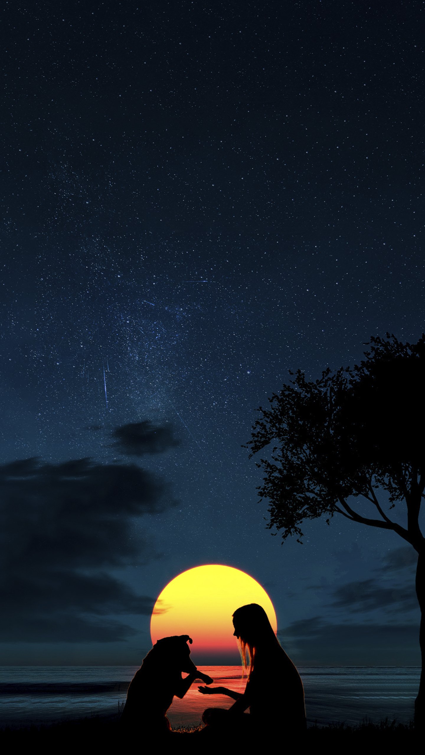 Luna Silueta Niña y Perro, Gran Danés, Ambiente, Luz, Naturaleza. Wallpaper in 1440x2560 Resolution