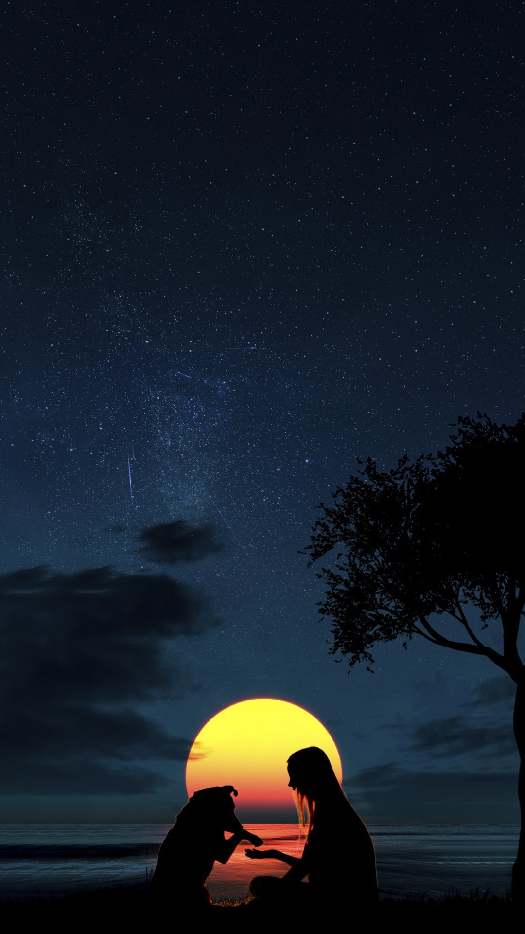 Mondsilhouette Mädchen Und Hund, Dogge, Atmosphäre, Licht, Natur. Wallpaper in 1080x1920 Resolution