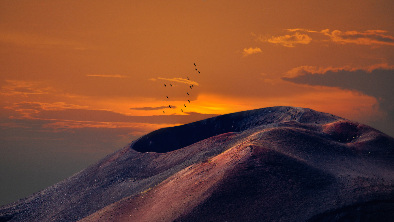 Volcán, Naturaleza, Puesta, Naranja, Afterglow. Wallpaper in 1366x768 Resolution