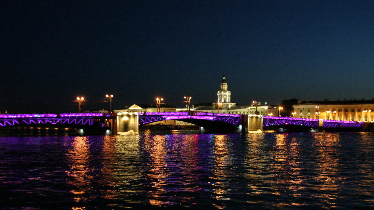 Reflexion, Saint Petersburg, Sehenswürdigkeit, Nacht, Wasser. Wallpaper in 1280x720 Resolution