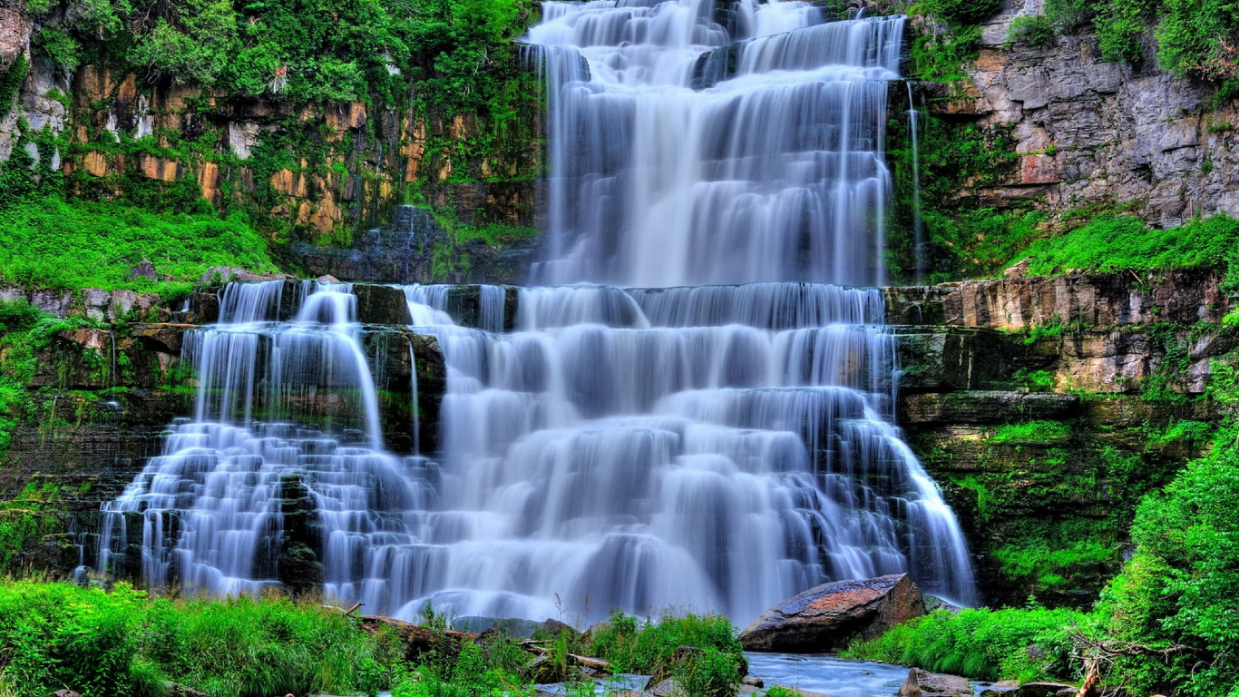 Water Falls in The Forest. Wallpaper in 1366x768 Resolution