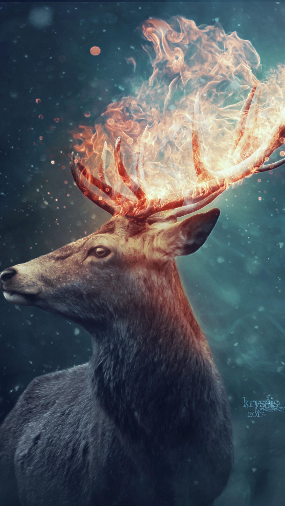 Brown Deer With Blue and Red Lights. Wallpaper in 1080x1920 Resolution